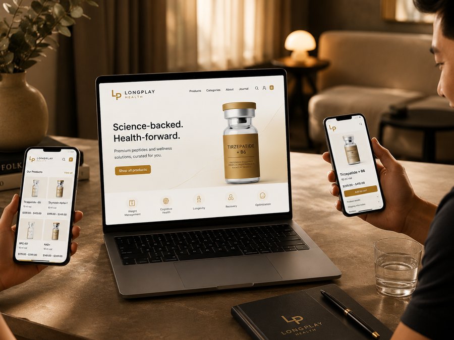 The LongPlay Health platform on a laptop and phones